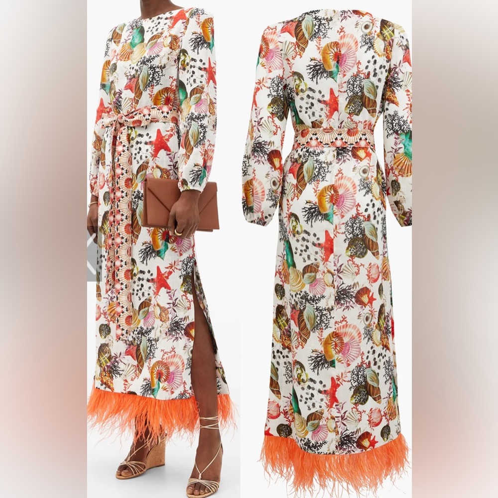 MARY KATRANTZOU  Maxi Dress with Coral Feather Hem